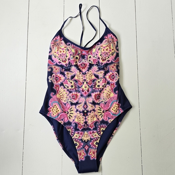 New Boden Scoop Tie Back One Piece Swimsuit Navy Pink Paradise 8 - Picture 5 of 9